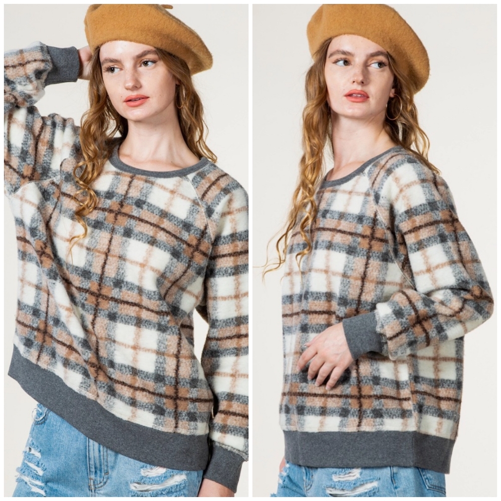 LAST 1❗️LOVERICHE Nordstrom Cozy Chic Fuzzy Plaid Grey / Khaki Sweater Top - Picture 4 of 8